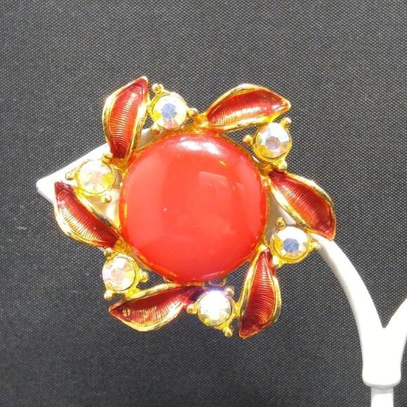 Vintage Red Moonglow Lucite Clip Earrings, Aurora Borealis Rhinestones, 1 1/2 In - Picture 2 of 9